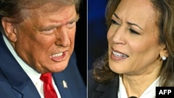 (FILES) (COMBO) This combination of pictures created on September 10, 2024 shows former US President and Republican presidential candidate Donald Trump (L) and US Vice President and Democratic presidential candidate Kamala Harris participating in a presid