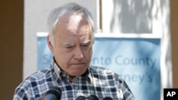 Bruce Harrington pauses as he discusses the arrest of Joseph James DeAngelo for a string of violent crimes in the 1970s and 1980s, including the murder of Harrington's brother and sister-in-law, at a news conference, April 25, 2018, in Sacramento, Calif.