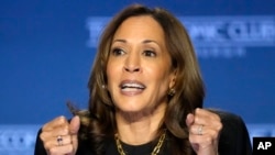 Democratic presidential nominee Vice President Kamala Harris addresses the Economic Club of Pittsburgh on the Carnegie Mellon University campus in Pittsburgh, Sept. 25, 2024. 