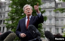 U.S. National Security Advisor John Bolton tells journalists in the UAE, May 29, 2019, that Iran was "almost certainly behind" attacks on tankers off Fujeira.