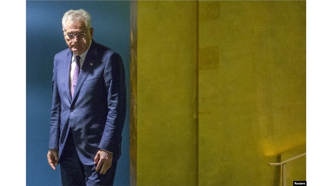 FILE - Serbia's President Tomislav Nikolic arrives at the 70th session of the United Nations General Assembly at the U.N. Headquarters in New York, Sept. 30, 2015.