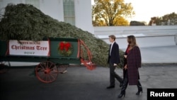 First Lady Melania Trump and her son Barron Trump welcome the official White House Christmas Tree, a Wisconsin-grown tree provided by the Chapman family of Silent Night Evergreens, to the White House in Washington, Nov. 20, 2017. 