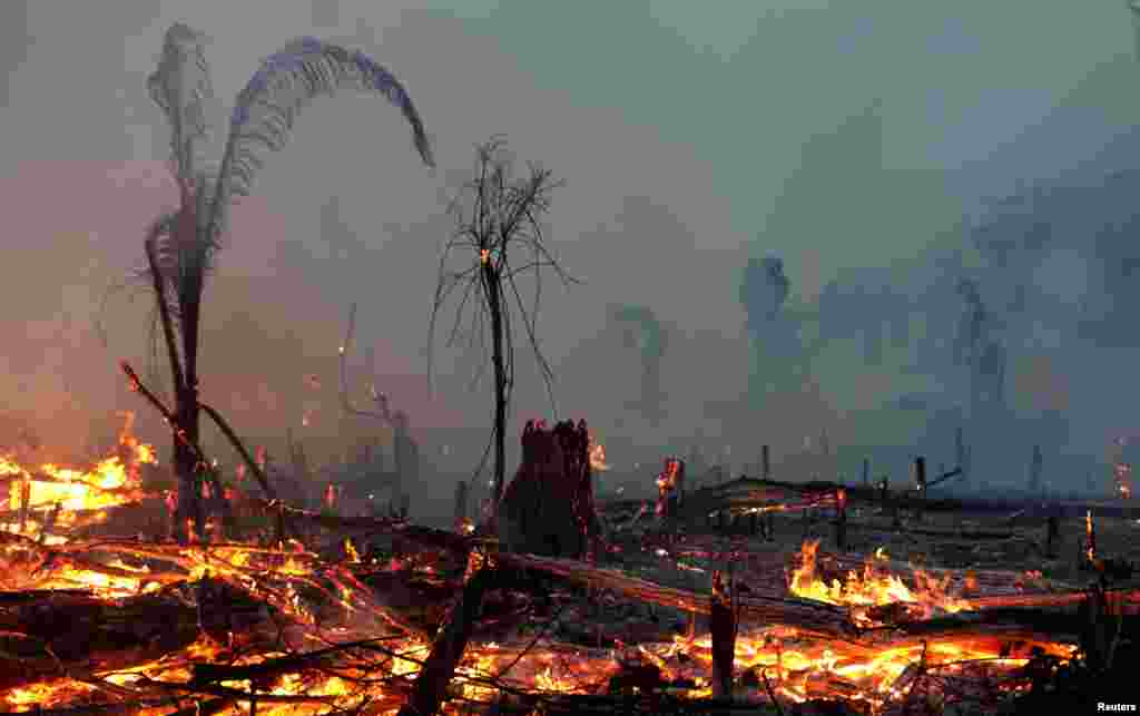 A fire burns a tract of Amazon jungle as it is cleared by a farmer in Machadinho do Oeste, Rondonia state, Brazil, Sept. 2, 2019.