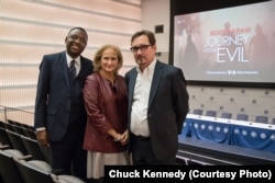 (L to R): Ibrahim Ahmed, Managing Editor of VOA Hausa Service Mobile Stream, Beth Mendelson, VOA Senior Executive Producer, and Tom Detzel, VOA Investigative Editor at the screening of "Boko Haram: Journey From Evil" at USIP, November 2, 2017.