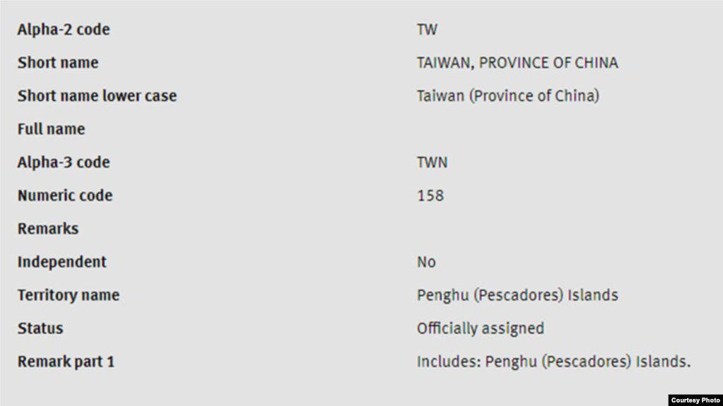 國際標準組織將台灣列為中國的一省(ISO網頁截圖)