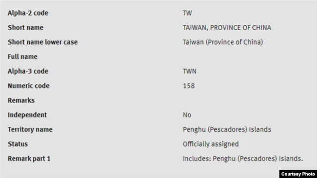 国际标准组织将台湾列为中国的一省(ISO网页截图)