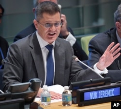 Former Serbian foreign minister Vuk Jeremic address questions from the 193-member General Assembly about his candidacy for U.N. Secretary-General, April 14, 2016 at U.N. headquarters.
