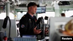 Commander Blair Saltel, the captain of the Royal Canadian Navy's Halifax-class frigate HMCS Calgary, speaks during an interview with Reuters at the U.S. naval base in Yokosuka, Japan, Nov. 7, 2018.