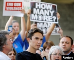 David Hogg, a senior at Marjory Stoneman Douglas High School, speaks at a rally calling for more gun control three days after the shooting at his school, in Fort Lauderdale, Florida, U.S., February 17, 2018. REUTERS/Jonathan Drake