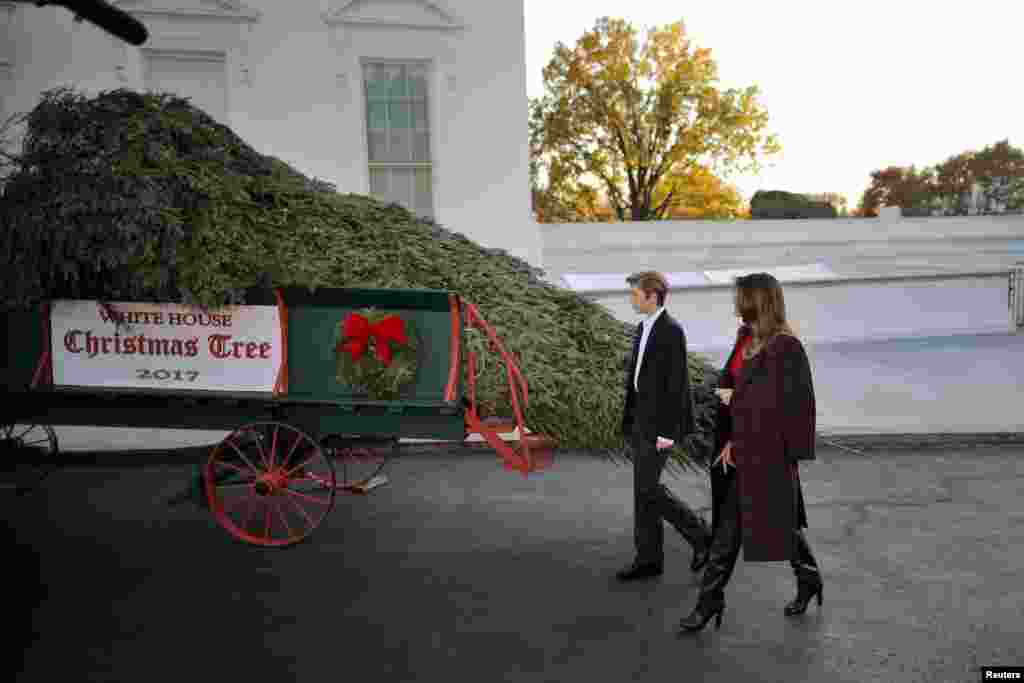 La primera dama de Estados Unidos Melania Trump, y su hijo Barron, dan la bienvenida al árbol oficial de navidad, originario de Wisconsin, aportado por la familia Champan a la Casa Blanca en Washington, el 20 de noviembre de 2017.