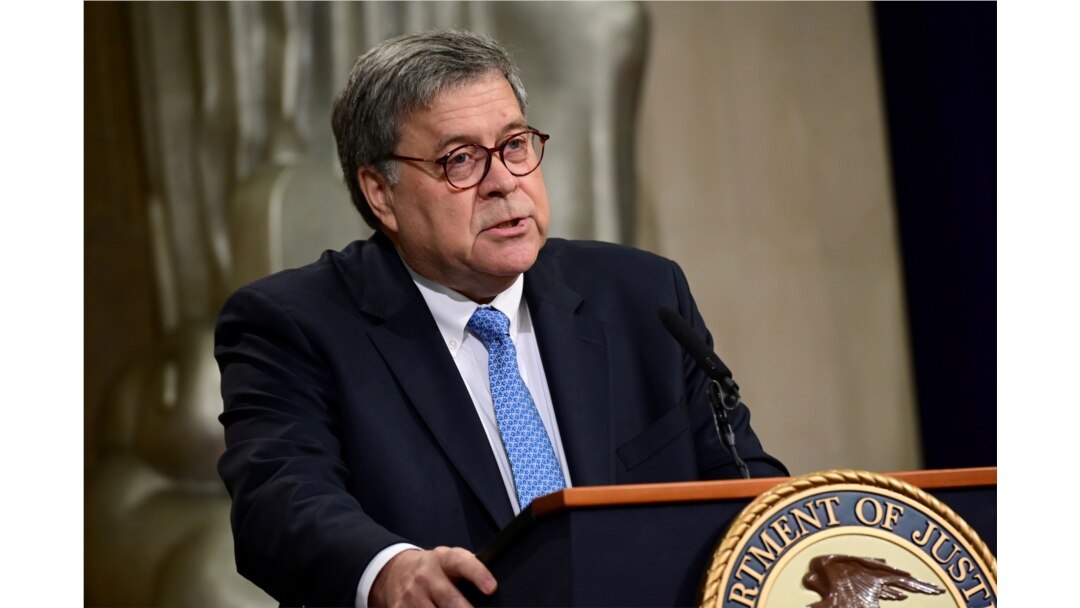 FILE - U.S. Attorney General William Barr speaks at the Justice Department in Washington, July 15, 2019.