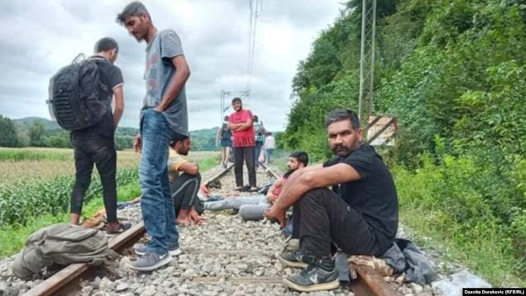 Migrants in Bosnian city of Bosanska Otoka, August 24, 2020.
