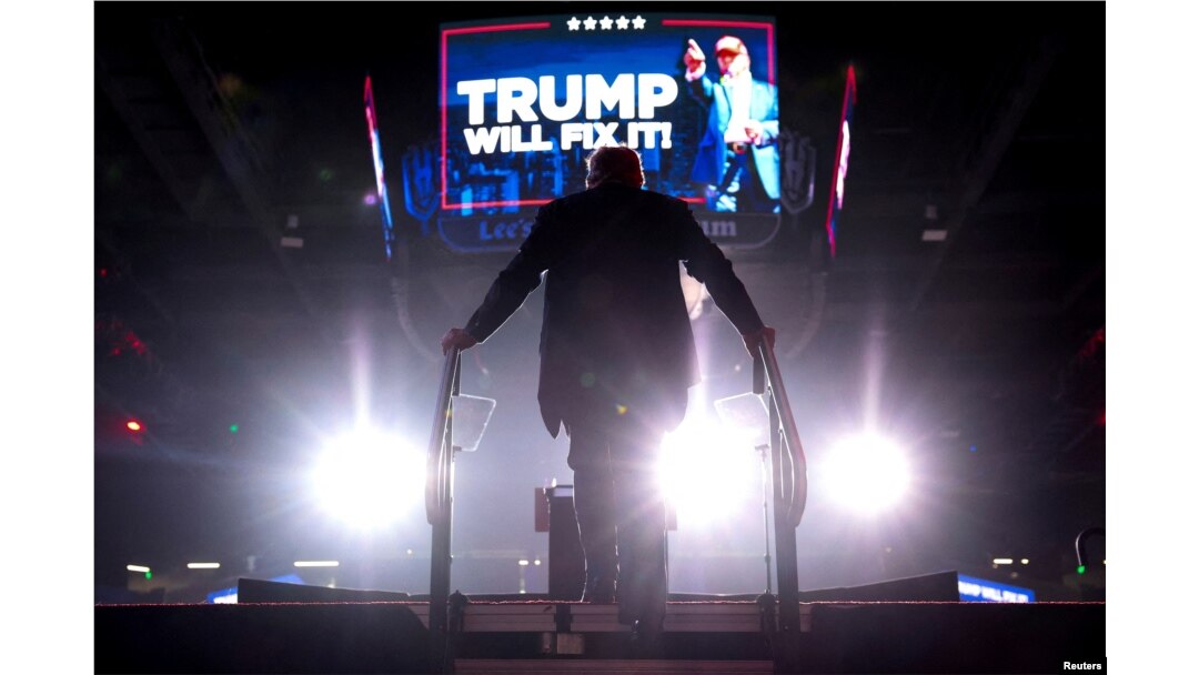 FILE - Republican presidential nominee and former U.S. President Donald Trump gets on stage to deliver remarks during a rally at Lee's Family Forum in Henderson, Nevada, Oct. 31, 2024.