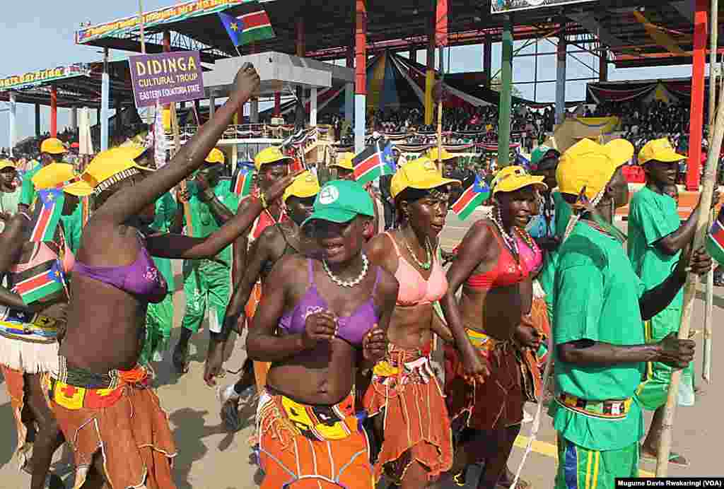 The Didinga Cultural Troupe from Eastern Equatoria state celebrates South Sudan&#39;s fourth anniversary of independence at an event in Juba.