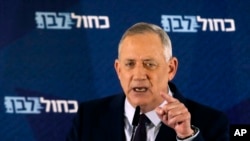 Blue and White party leader Benny Gantz delivers a statement in Tel Aviv, Israel, where President Reuven Rivlin on March 15 said he has decided to give Gantz the first opportunity to form a new government.