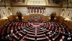 FILE - A view of France's Senate before a vote, Dec. 11, 2014. On Sunday, France will elect nearly half its Senate, in a vote that is expected to illustrate the slide in President Emmanuel Macron's popularity since his election earlier this year.