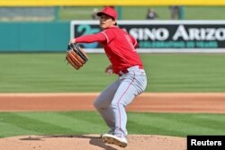 Los Angeles Angels starting pitcher Shohei Ohtani (17) throws in the first inning against the Oakland Athletics during a Spring Training game at Hohokam Stadium, Mesa, Arizona, Feb. 28, 2023. Matt Kartozian-USA TODAY Sports
