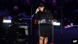 Vanessa Bryant speaks during a celebration of life for her husband, Kobe Bryant, and daughter Gianna in Los Angeles, Feb. 24, 2020.