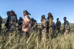 Amhara militia men, who fight alongside federal and regional forces against the northern region of Tigray, receive training in the outskirts of the village of Addis Zemen, north of Bahir Dar, Ethiopia, Nov. 10, 2020.