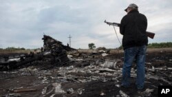 A pro-Russia fighter stands on guard the crash site of a Malaysia Airlines jet near the village of Hrabove, eastern Ukraine, July 19, 2014. 