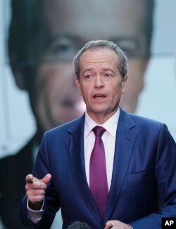 FILE - Australian Labor Party leader Bill Shorten answers questions during a television interview on election day in Sydney, July 2, 2016.