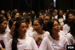 FILE - A contestant consults with her teammate during the National Pitch event of the Technovation Cambodia on Sunday, April 24, 2016. (Aun Chhengpor/VOA Khmer)