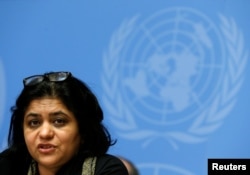 유엔 독립 전문가그룹의 사라 후세인 변호사가 13일 제네바 유엔본부에서 열린 인권이사회 북한인권상호대화에서 발언하고 있다.