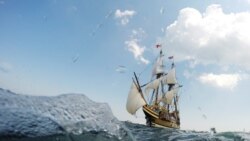 The newly renovated Mayflower II, a replica of the original ship that sailed from England in 1620, sails back to its berth in Plymouth, Massachusetts, U.S., August 10, 2020.