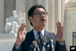 Dale Ho, an attorney for the American Civil Liberties Union, speaks to reporters after he argued before the Supreme Court against the Trump administration's plan to ask about citizenship on the 2020 census, in Washington, April 23, 2019.