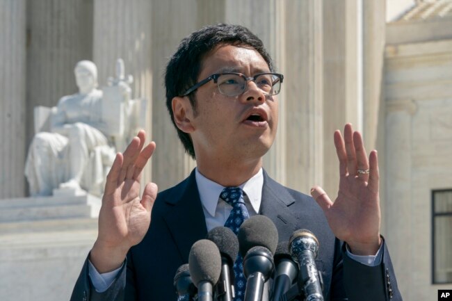 Dale Ho, an attorney for the American Civil Liberties Union, speaks to reporters after he argued before the Supreme Court against the Trump administration's plan to ask about citizenship on the 2020 census, in Washington, April 23, 2019.