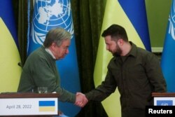 UN Secretary-General Guterres and Ukraine's President Zelenskiy attend a joint news conference, in Kyiv