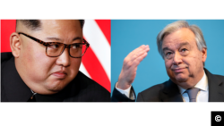 Fotomontagem Kim Jong Un à esquerda, António Guterres à direita