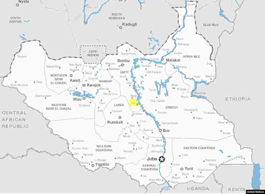 World Food Program Executive Director Ertharin Cousin visited the town of Ganyiel (highlighted in yellow) and an island in the nearby Sudd marshes during a visit to Unity state in South Sudan on Saturday, March 21, 2015.