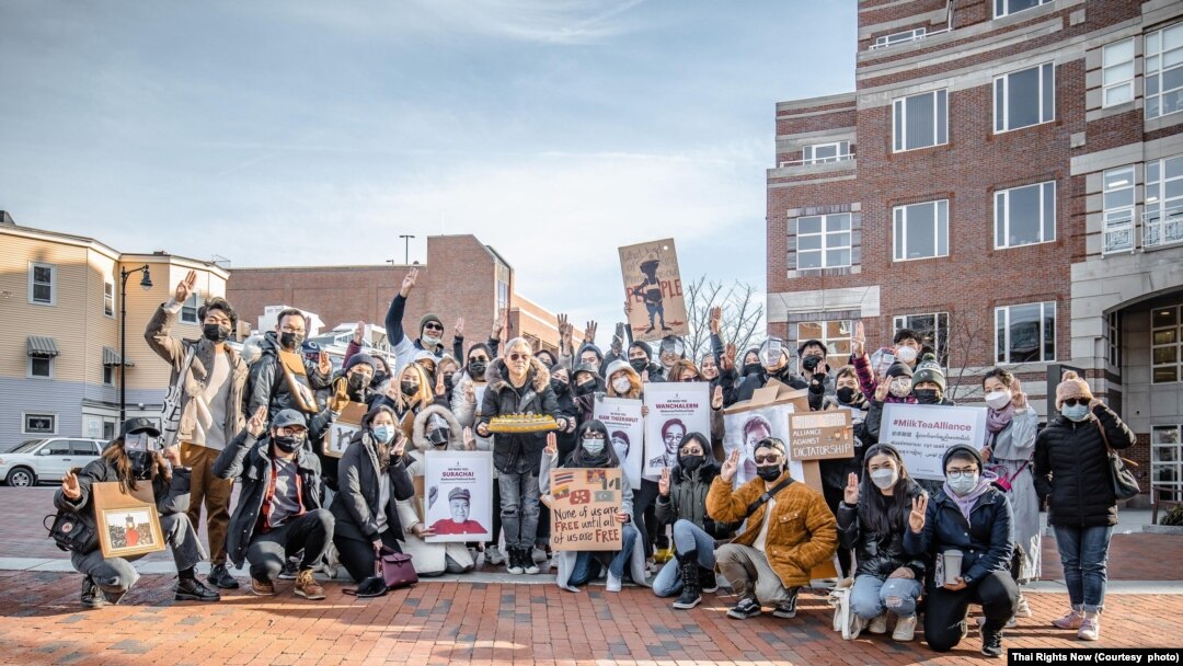 Thai political activists hold an activity calling for abolishment of lese majeste law at King Bhumibol Adulyadej of Thailand Square in Boston, Massachusetts on December 5, 2021