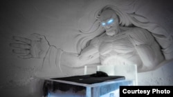 The Night King looms over a bed at the Game of Thrones ice hotel built by Lapland Hotels in northern Finland. (Lapland Hotels SnowVillage)