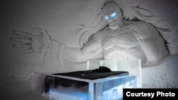 The Night King looms over a bed at the Game of Thrones ice hotel built by Lapland Hotels in northern Finland. (Lapland Hotels SnowVillage)