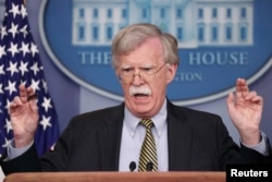 FILE - U.S. national security adviser John Bolton talks to reporters in the White House briefing room in Washington, Oct. 3, 2018.