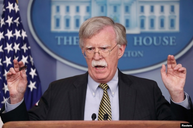FILE - U.S. national security adviser John Bolton talks to reporters in the White House briefing room in Washington, Oct. 3, 2018.