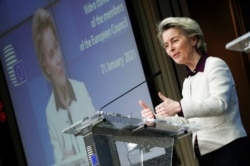 FILE - European Commission President Ursula von der Leyen speaks at the end of an EU summit video conference at the European Council headquarters in Brussels, Jan. 21, 2021.