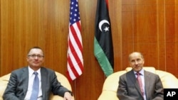 Jeffrey Feltman, U.S. Assistant Secretary of State for Near East Affairs, meets with Mostafa Abdel Jalil (R), Chairman of Libya's National Transitional Council interim government in Tripoli, September 14, 2011.