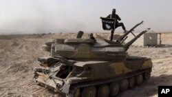 FILE - An Islamic State militant holds the group's flag as he stands on a tank captured from Syrian government forces, in the town of al-Qaryatayn southwest of Palmyra, central Syria. 