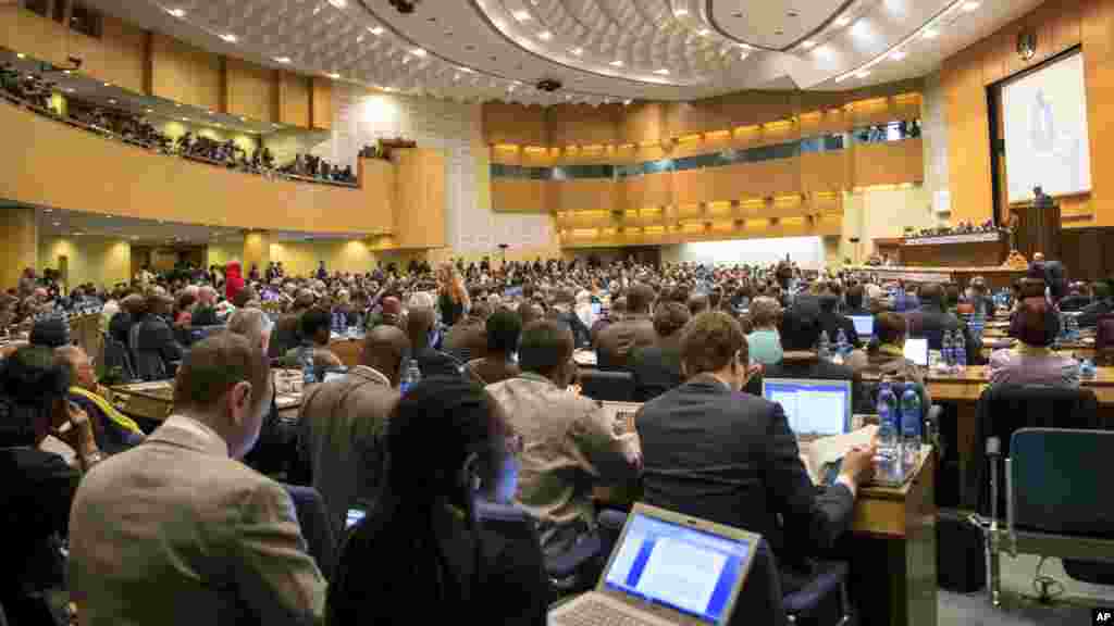 Delegates gather for the opening of The Third International Conference on Financing for Development, held in Addis Ababa, Ethiopia, Monday, July 13, 2015. According to the organizers, the conference which runs from July 13-16 is intended to gather world leaders to "launch a renewed and strengthened global partnership for financing people-centered sustainable development". (AP Photo/Mulugeta Ayene)