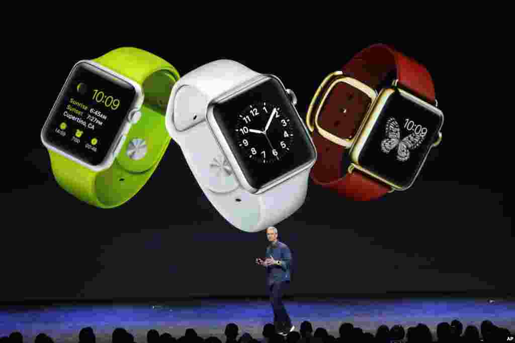 Apple CEO Tim Cook introduces the Apple Watch in Cupertino, California, Sept. 9, 2014.