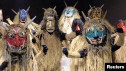 Namahage masks and costumes are displayed at Namahage Museum in Oga, Akita prefecture, Japan, Feb. 8, 2019.