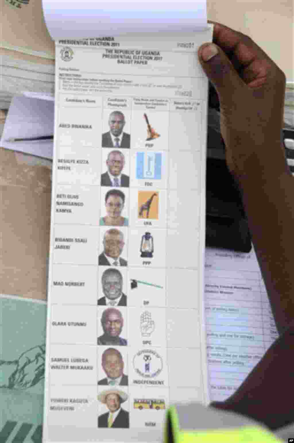 Uganda presidential elections ballot paper is held by election worker at a polling station in Rukungiri about 319 kilometers (199 miles) west of Uganda capital Kampala Friday Feb. 18, 2011. Uganda's long-serving president says he will not become the late