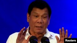 Philippine President Rodrigo Duterte delivers a speech during the 80th National Bureau of Investigation anniversary, Nov. 14, 2016. On Thursday Duterte said he might withdraw from the International Criminal Court. 