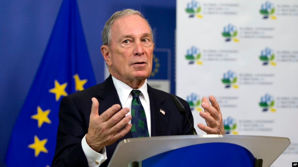 FILE - Michael Bloomberg, U.N. special envoy for cities and climate change, speaks to reporters at EU headquarters in Brussels about cities' cooperative efforts to combat climate change, June 22, 2016.