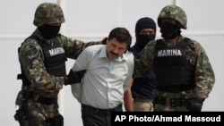 지난 22일 검거된 멕시코의 '마약왕' 호아킨 엘 차포 구즈만이 멕시코 해병대에 의해 호송되고 있다.