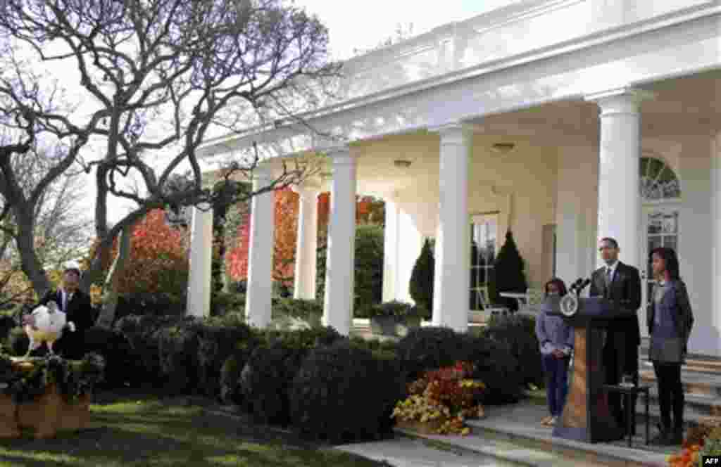 President Barack Obama, stands with daughters Malia Obama and Sasha Obama as he pardoned Apple, the National Thanksgiving Turkey, during a ceremony in the Rose Garden of the White House in Washington, Wednesday, Nov. 24, 2010. At left is National Turkey F