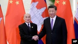 Cambodian King Norodom Sihamoni, left, and Chinese President Xi Jinping shake hands at the Great Hall of the People in Beijing, Tuesday, May 14, 2019. (Jason Lee/Pool Photo via AP)